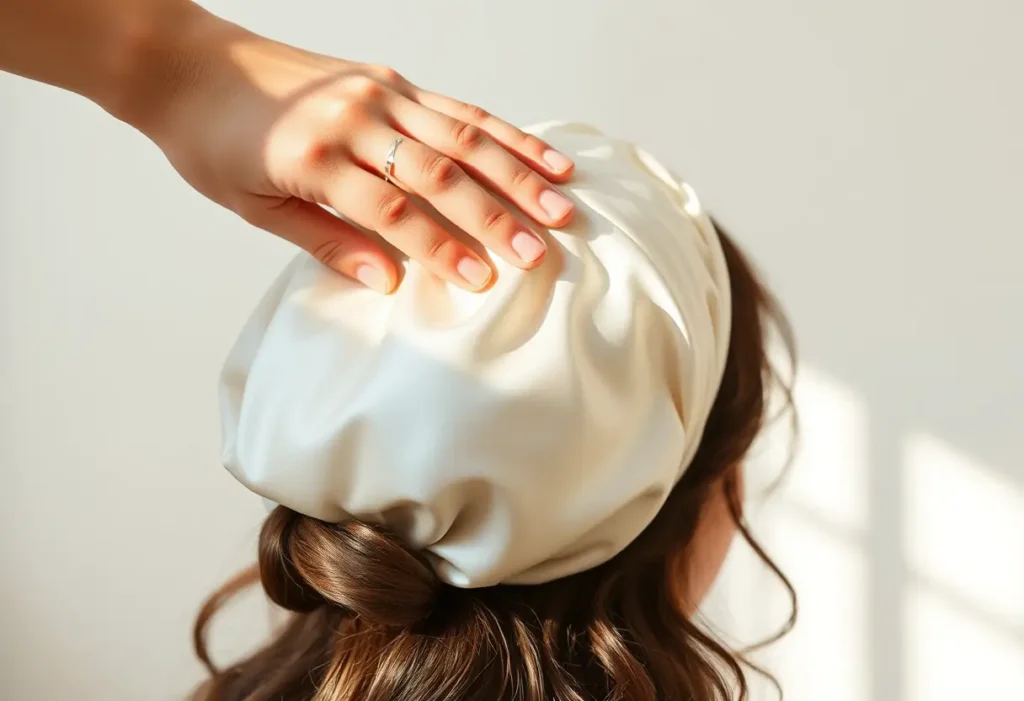 Une main apaisante glisse un bonnet en satin sur des cheveux bien coiffés