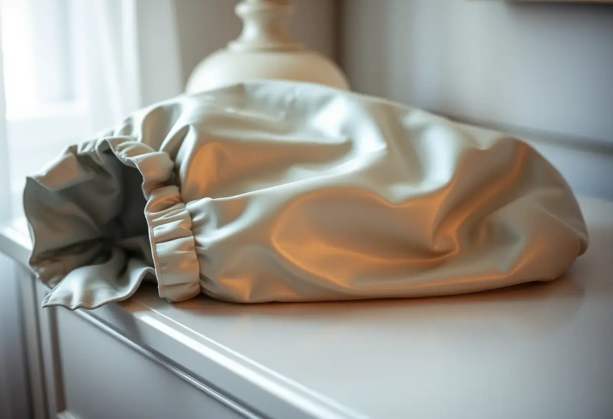 Un bonnet en satin plié soigneusement sur un tiroir de commode, reflétant la lumière d'une lampe