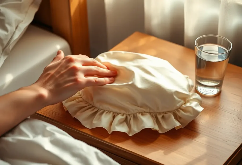 Une main lisse un bonnet en satin posé sur une table de nuit, protégeant les cheveux de la casse