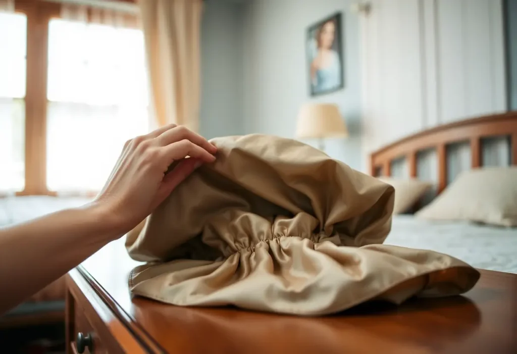 Une main féminine repasse doucement un bonnet en satin posé sur une commode, dans une chambre accueillante