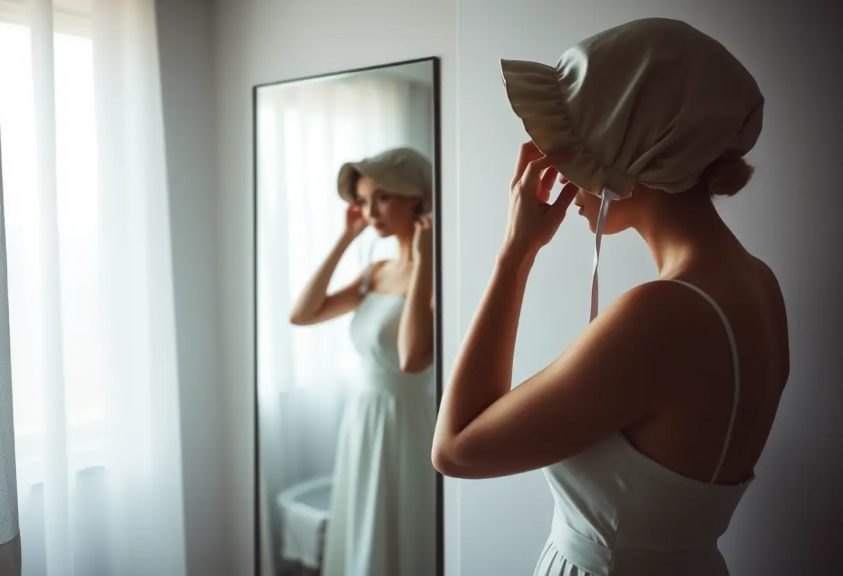 Un profil féminin ajuste un bonnet en satin devant un miroir mural dans une salle de bains, reflétant la parfaite adaptation de l'accessoire