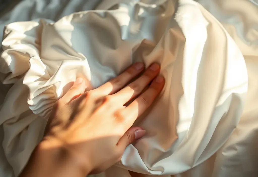Une main féminine arrange doucement un bonnet en satin avant de se coucher, mettant en valeur les bienfaits de ce produit pour les cheveux.