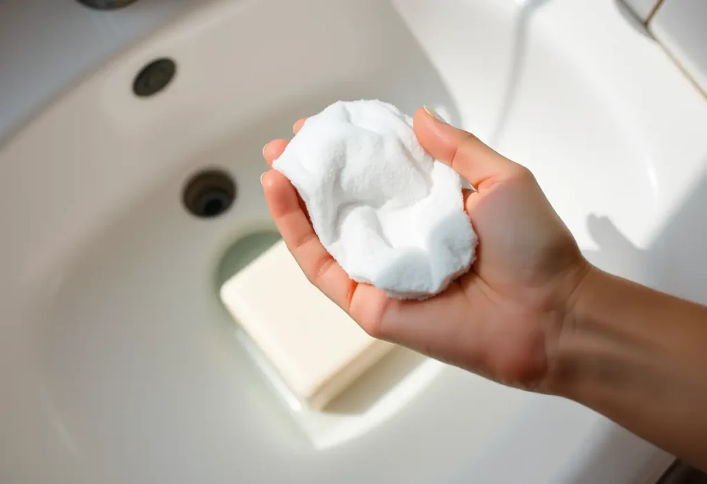 Mainateur de coton démaquillant lavable dans une évier blanc