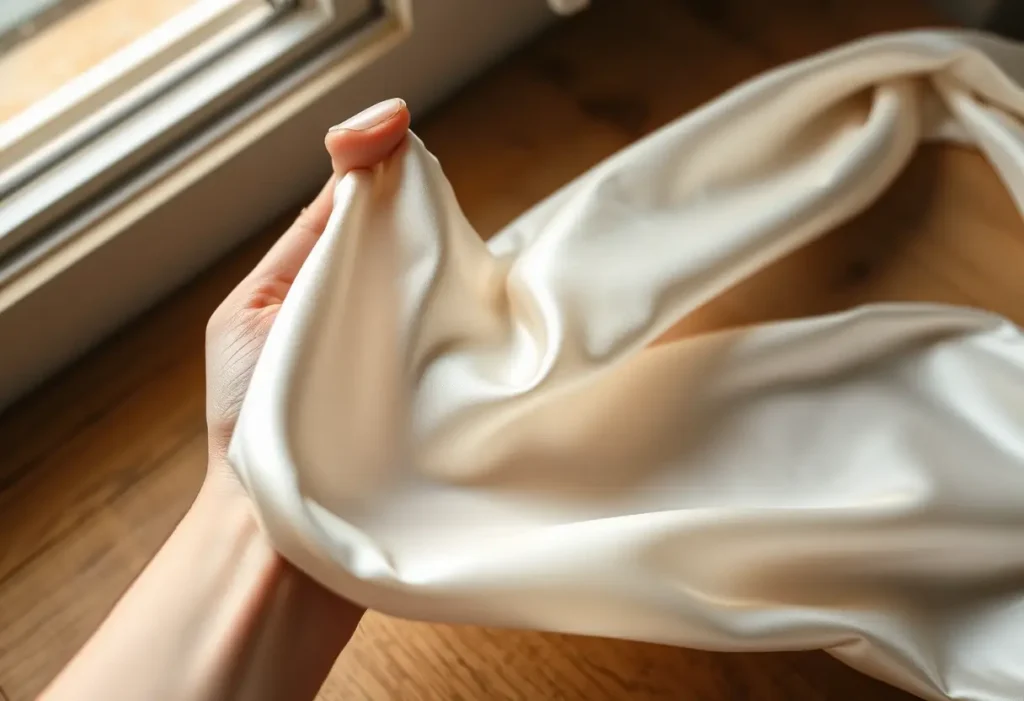 Une main tenant du satin de soie fin et brillant devant une lumière, posé sur une table en bois