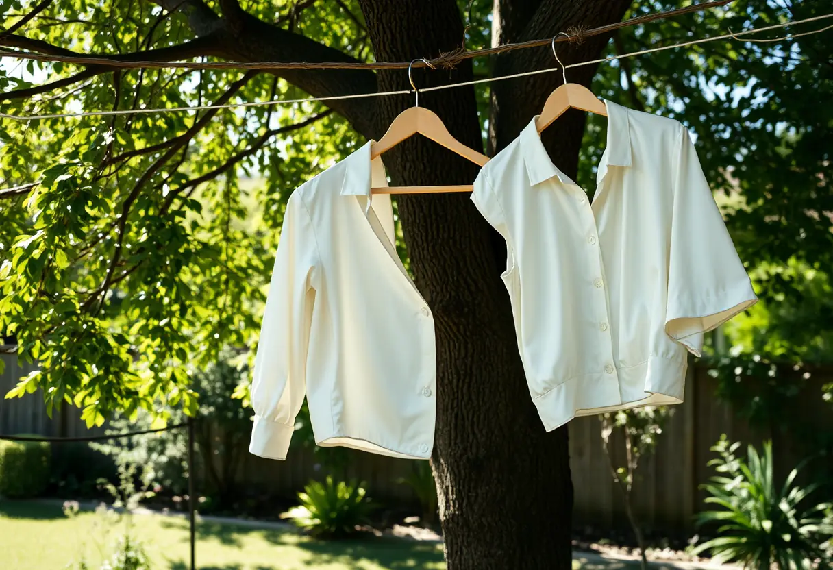 Un cintre en bois avec une blouse de satin fraîchement nettoyée qui sèche sur une corde à linge entre deux arbres dans un jardinarrière, la lumière du soleil filtre à travers les feuilles