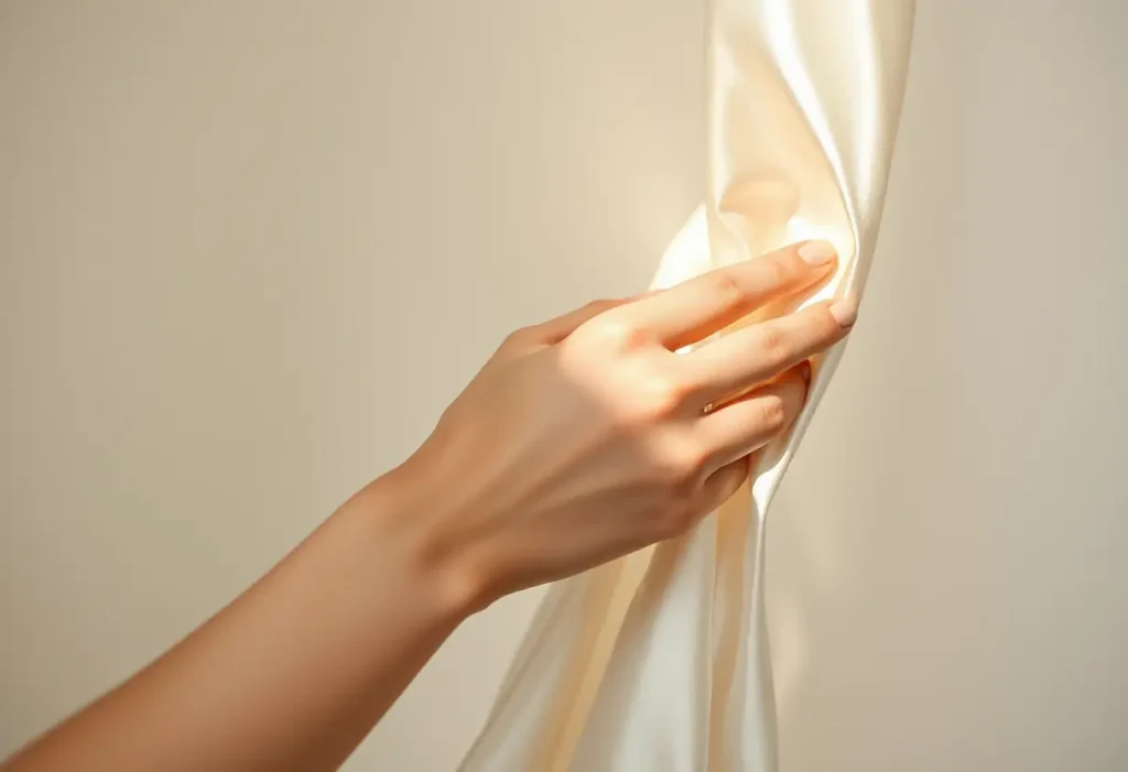 Une main féminine tenant délicatement un tissu satin de soie, la lumière soulignant sa brillance