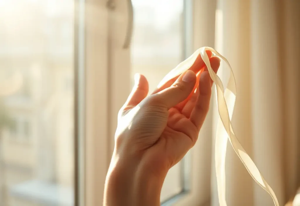 Une main féminine tenant délicatement un fil de soie, mettant en valeur la beauté du satin