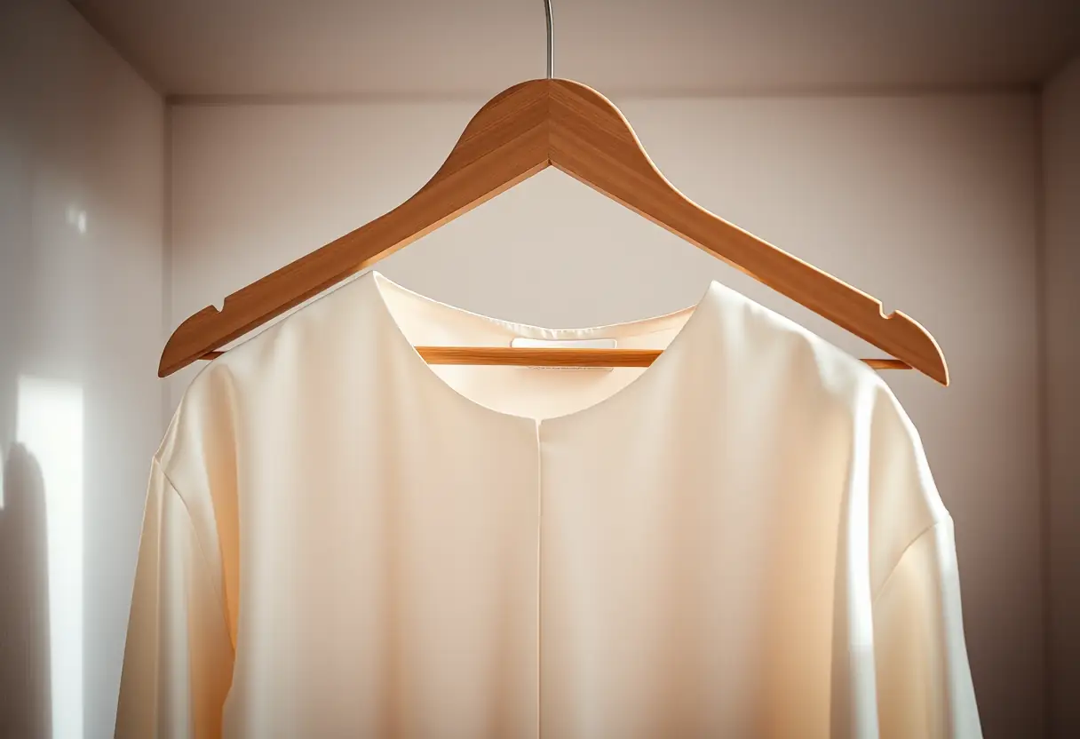 Un cintreuse en bois portant une robe en satin soigneusement pliée dans un placard bien éclairé