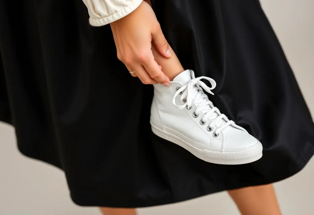 Une main ajuste des baskets blanches simples nouées autour d'une jambe vêtue d'une jupe longue en satin noir.