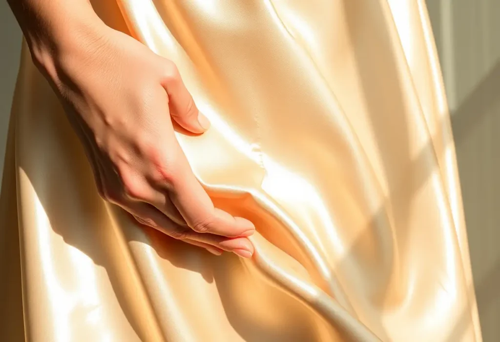 Une main lisse les plis d'une jupe en satin, éclairée par la lumière naturelle.