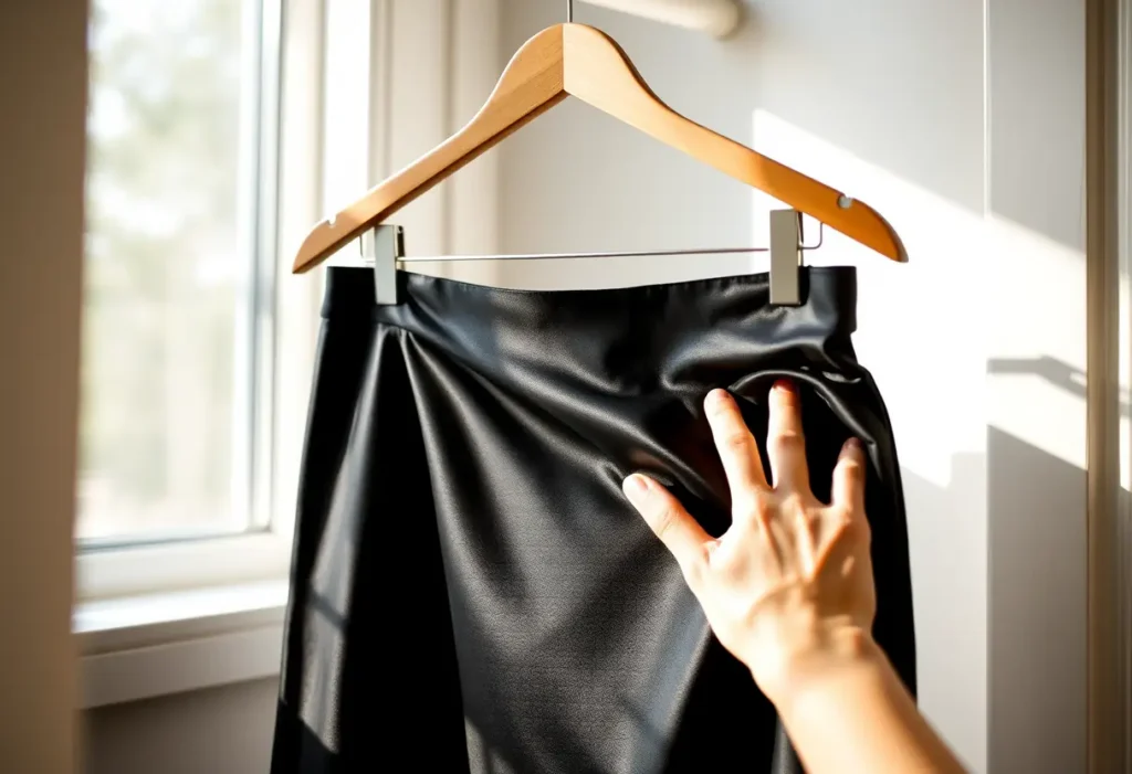 Une main féminine ajuste une jupe en satin noir dans un placard