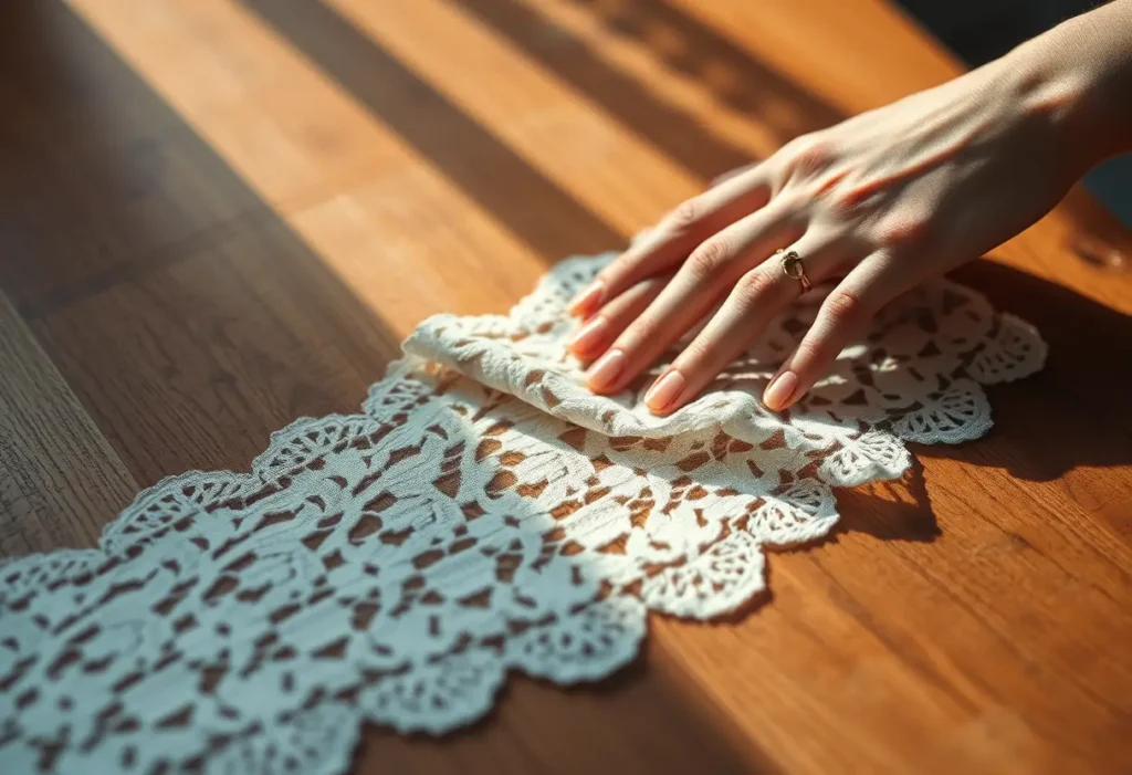 Une main féminine lisse doucement un tissu en dentelle sur une table, lumière naturelle