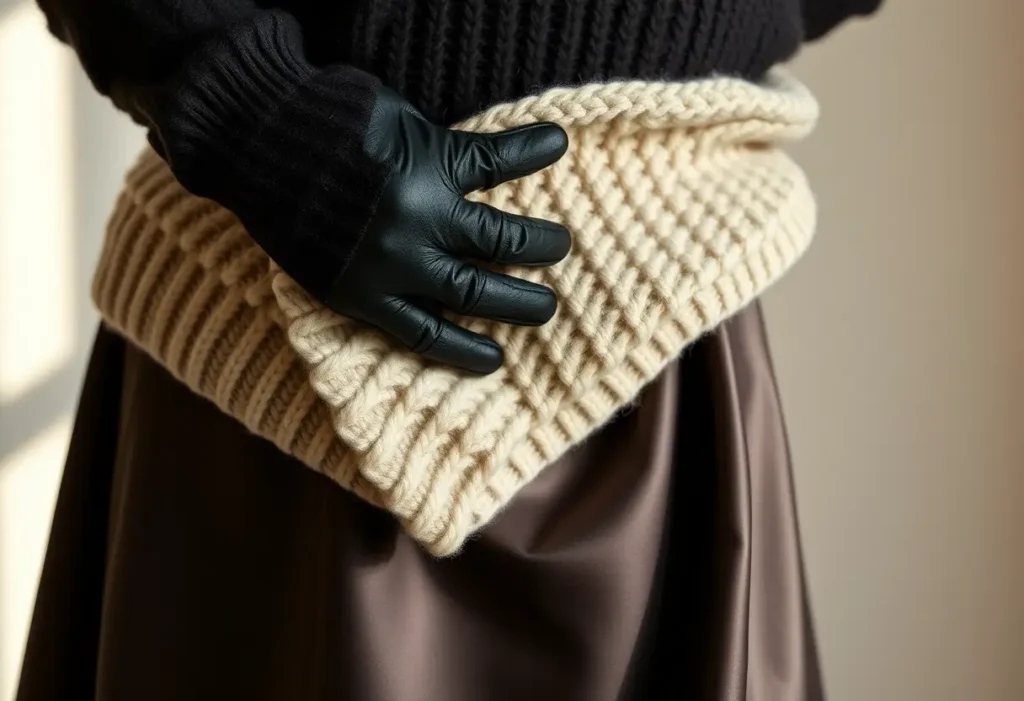 Main de femme gantée lisant un pull en laine chaude posé sur une jupe en satin