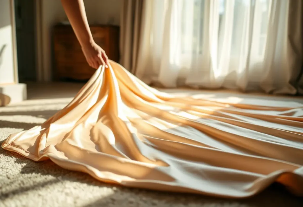 Une main lisse une jupe en satin dans une chambre