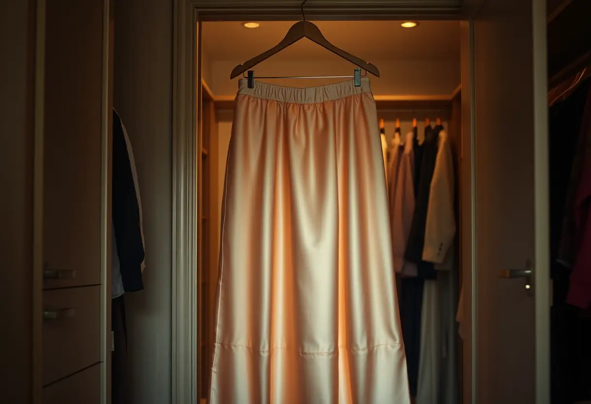 Image alternative : Une jupe en satin accrochée dans un grand placard