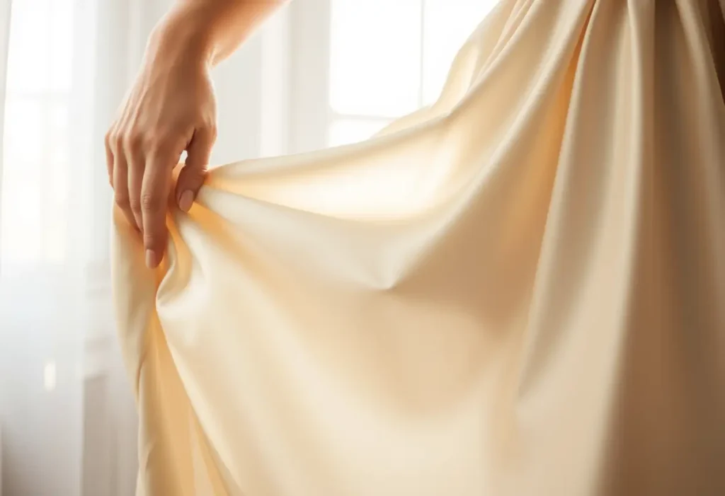 Main focus sur une main lisérant les plis d'une jupe en satin