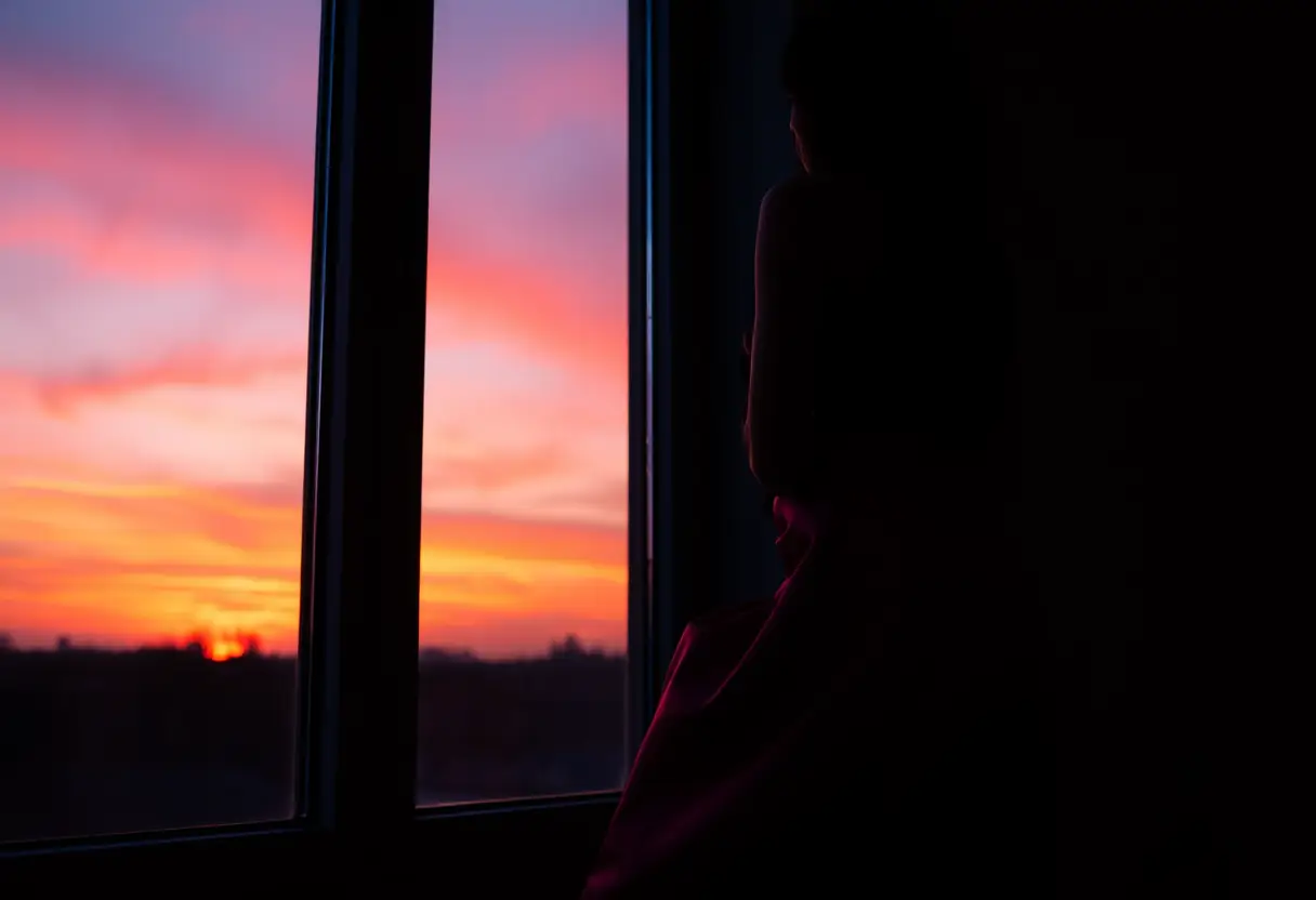 Vue d'une femme devant une fenêtre, reflétant le couchant et la couleur de sa jupe en satin