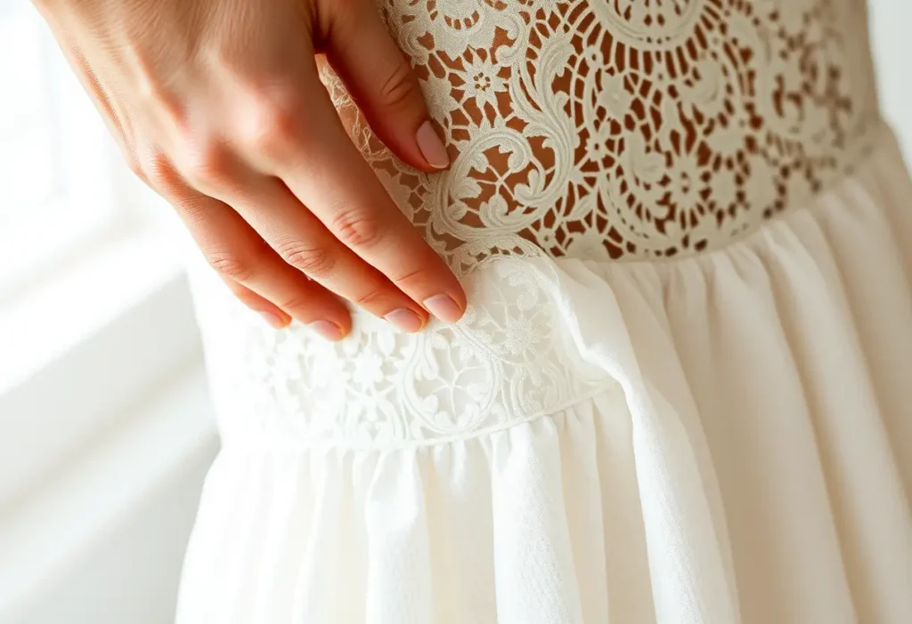 Une main lisse délicatement la dentelle d'une robe blanche, mettant en valeur sa texture et son élégance.