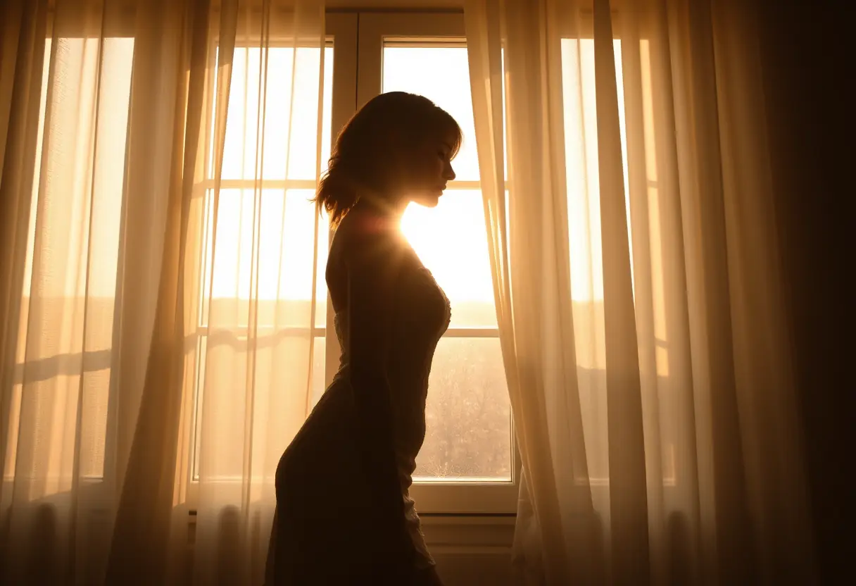 Un profil féminin se découpe contre une fenêtre, la lumière chaude passe à travers des rideaux transparents, soulignant son élégance dans une robe blanche en dentelle.