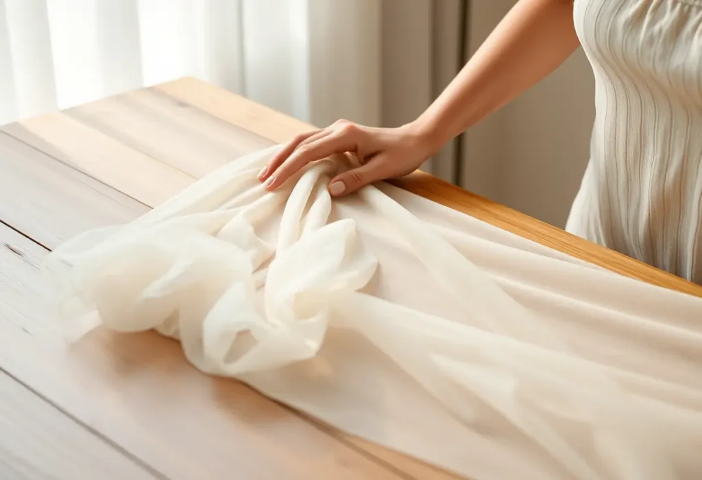 Main focus sur une main qui repousse délicatement un tulle froissé