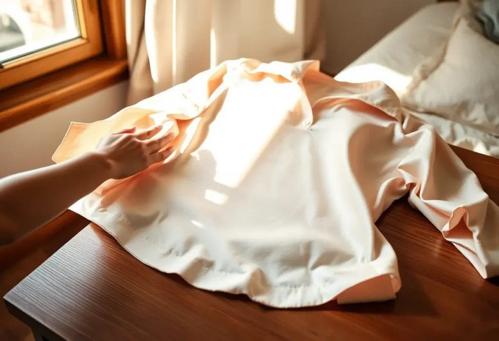 Main focus sur une main qui repousse les plis d'une chemise en satin, symbolisant l'élégance et la douceur.
