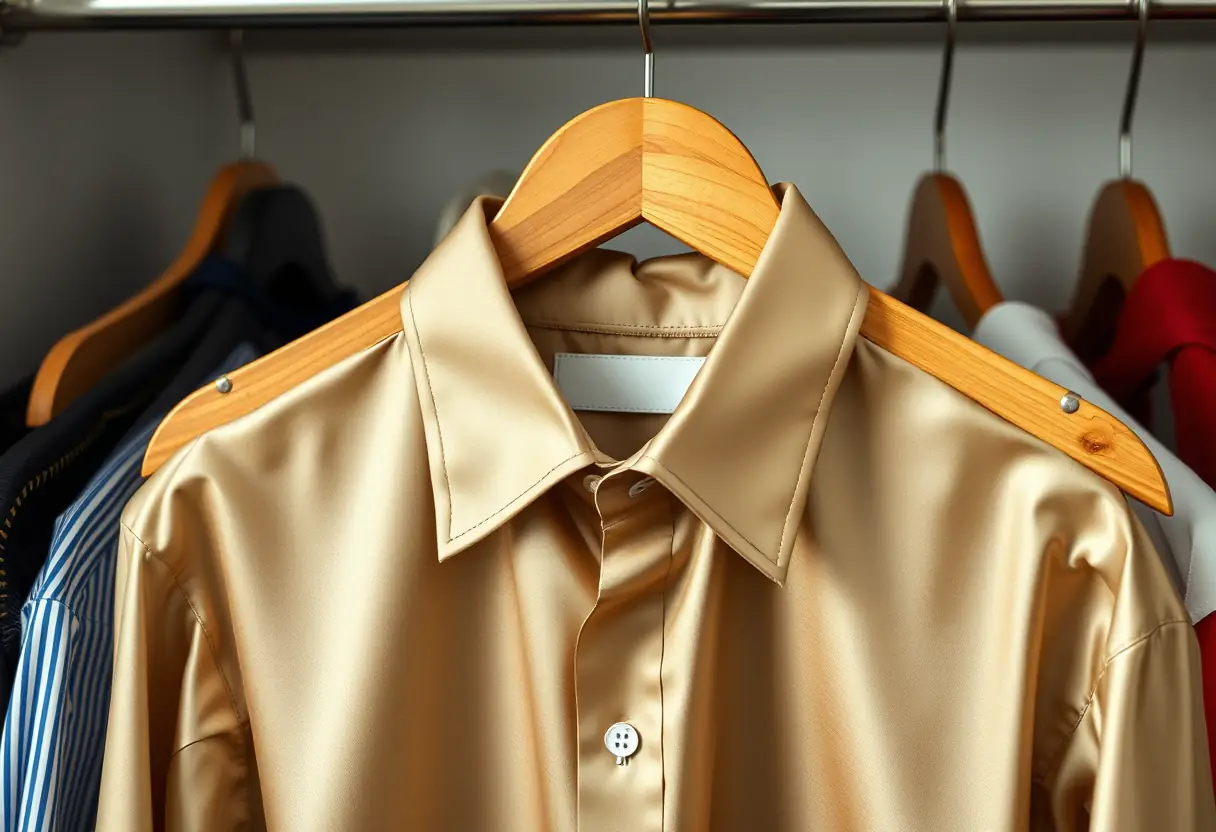 Vue d'un cintre avec une chemise en satin soigneusement pliée, représentative de la sophistication de cette pièce.