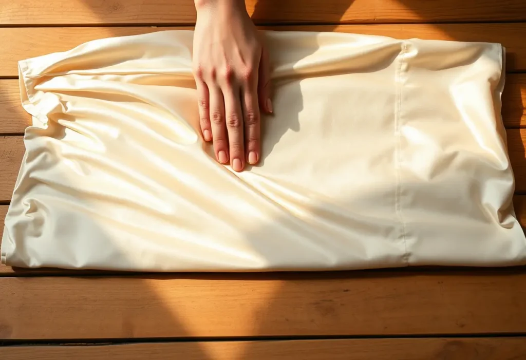 Main focus sur une blouse en satin étalée sur une table, mains lisibles qui la repassent.