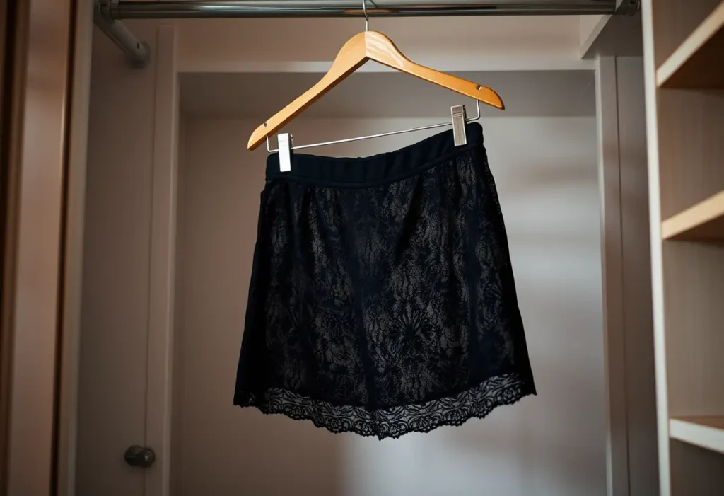 Vue d'une jupe en dentelle noire suspendue dans un placard bien éclairé
