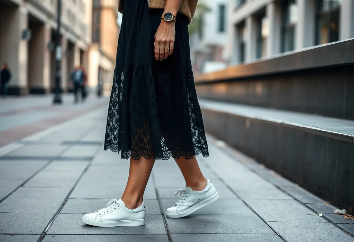 Jupe en dentelle noire avec des baskets blanches sur un trottoir urbain