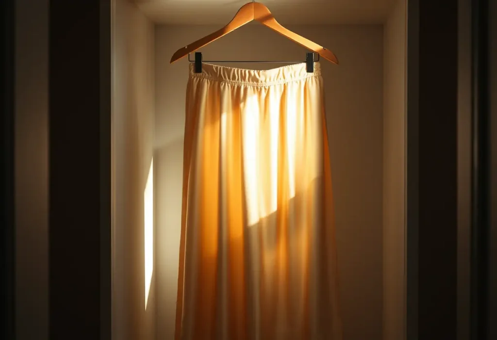 Une jupe en satin suspendue dans un placard bien éclairé, mettant en valeur son éclat doux