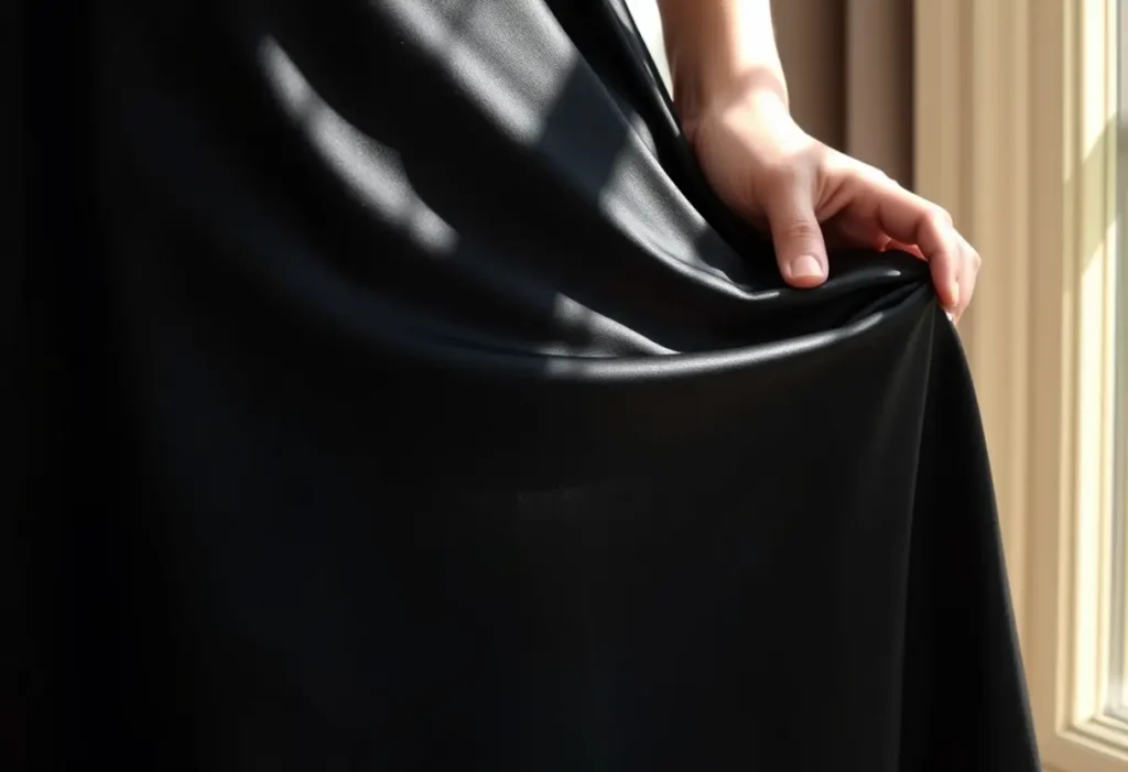 Une main lisant une ride sur une jupe noire en satin, lumière naturelle