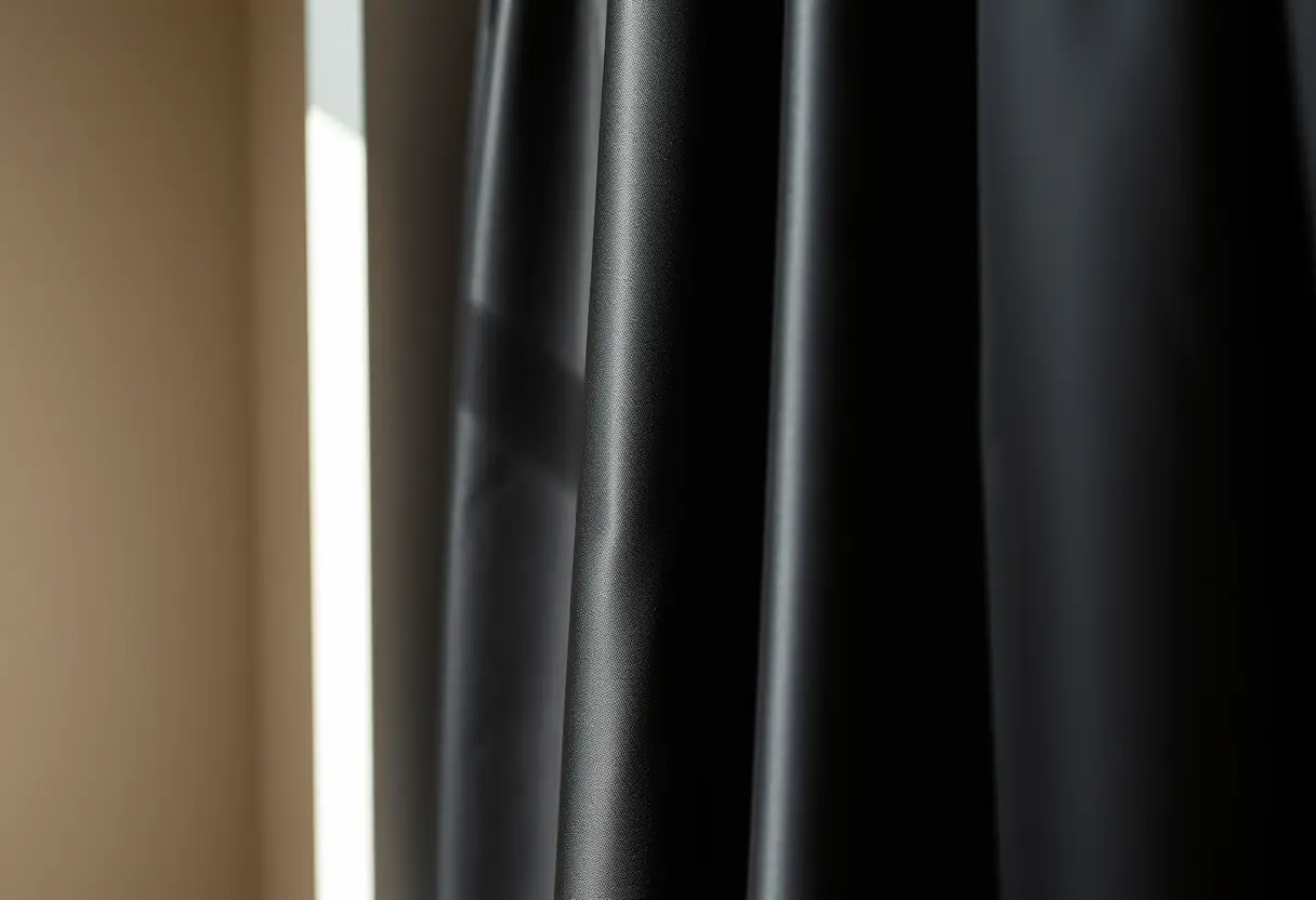 Vue rapprochée d'une jupe noire en satin accrochée dans un placard, la texture et le brillant du tissu captant la lumière