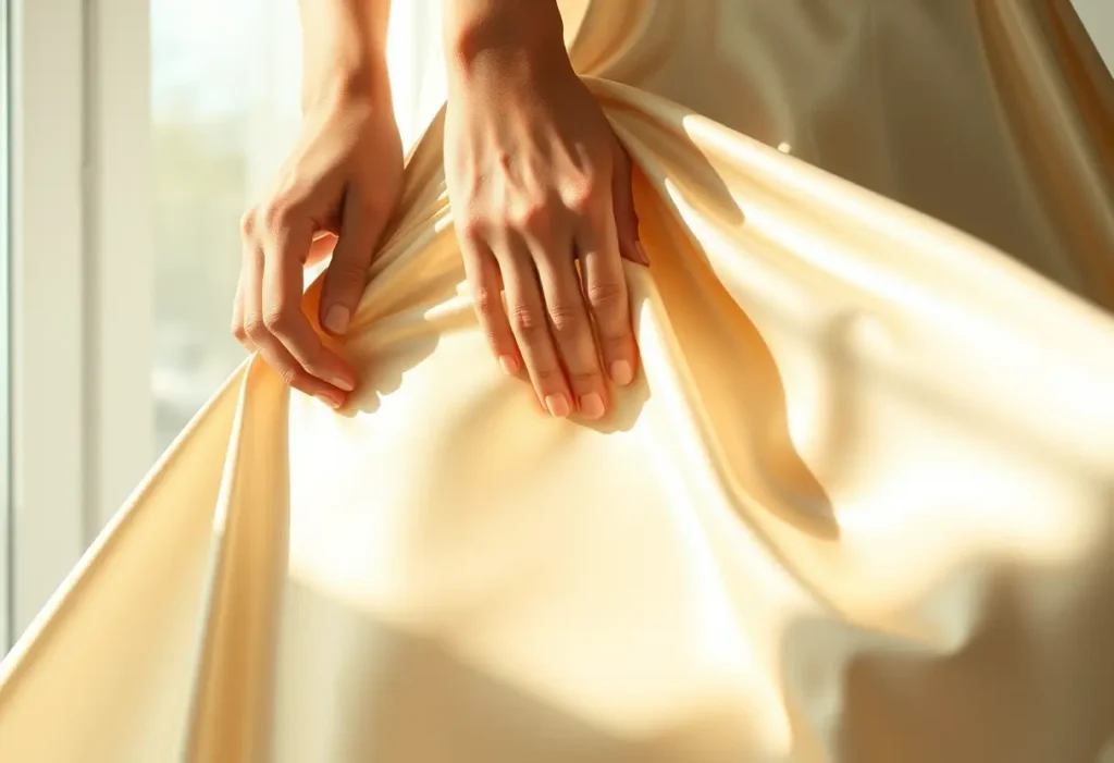 Une main lisse doucement les plis d'une jupe en satin, éclairée par la lumière du jour, illustrant l'élégance et la féminité.