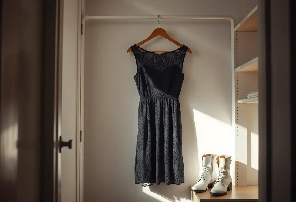 Une robe en dentelle noire accrochée dans un placard éclairé par la lumière du jour, aux côtés de bottes en cuir blanc