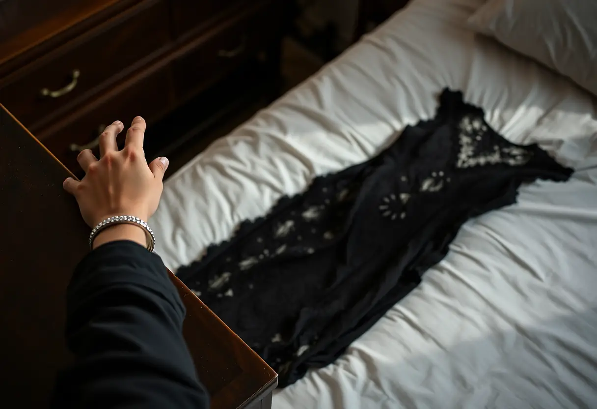 Une main qui tend vers un bracelet en argent posé sur une commode, près d'une robe en dentelle noire étalée sur le lit