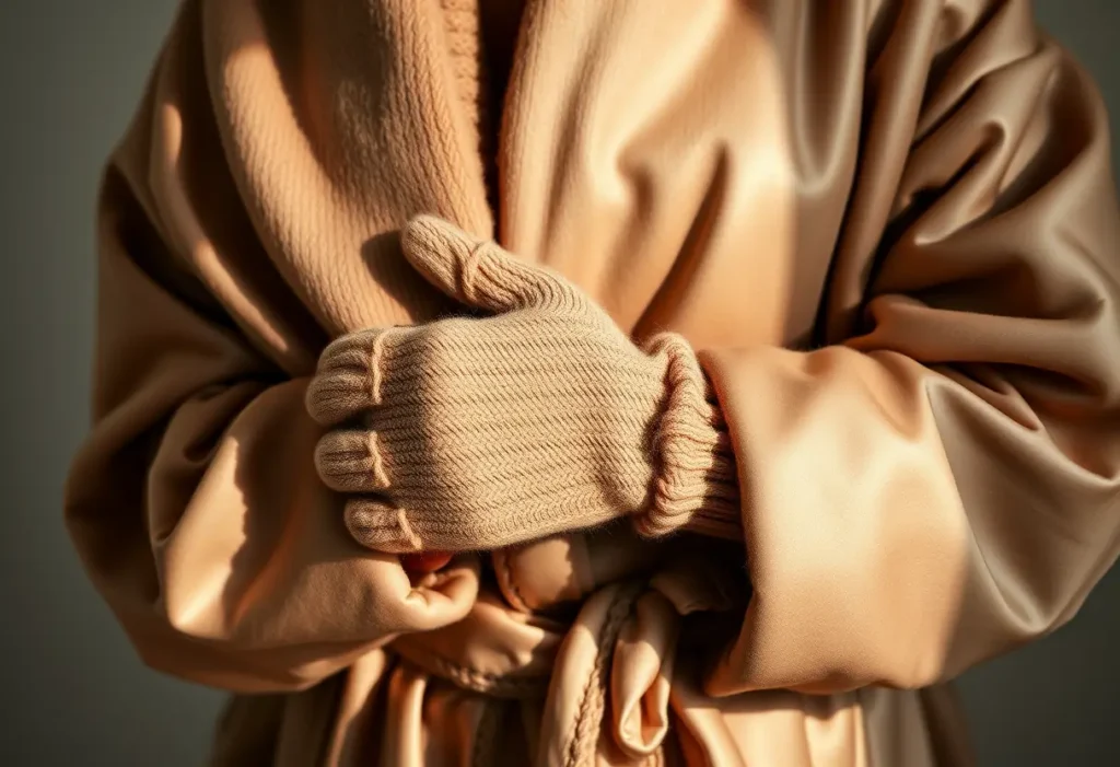 Main de femme portant des gants qui ajuste un pull en laine sur une robe en satin