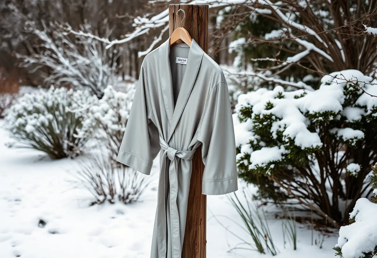 Robe en satin accrochée à une clôture en bois dans un jardin enneigé