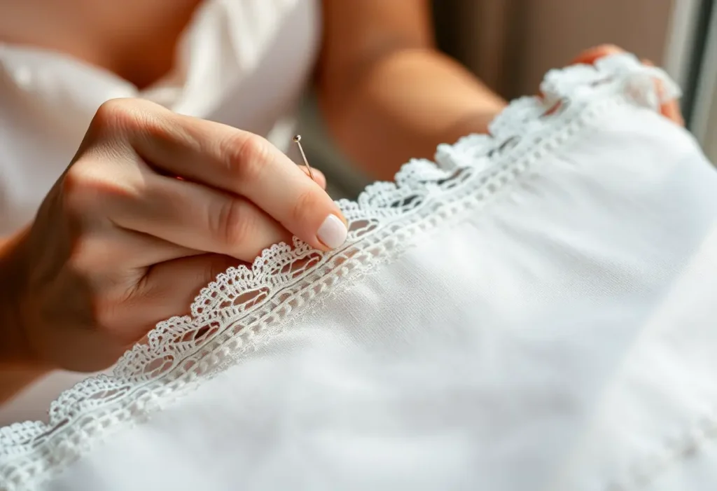 Main focus sur une main qui pince délicatement du dentelle sur un tissu.