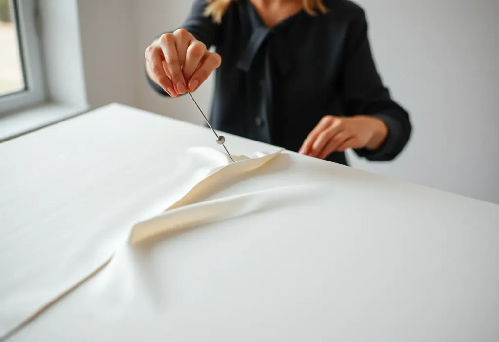 Une main féminine pince soigneusement un tissu satiné sur un plan de couture bien éclairé