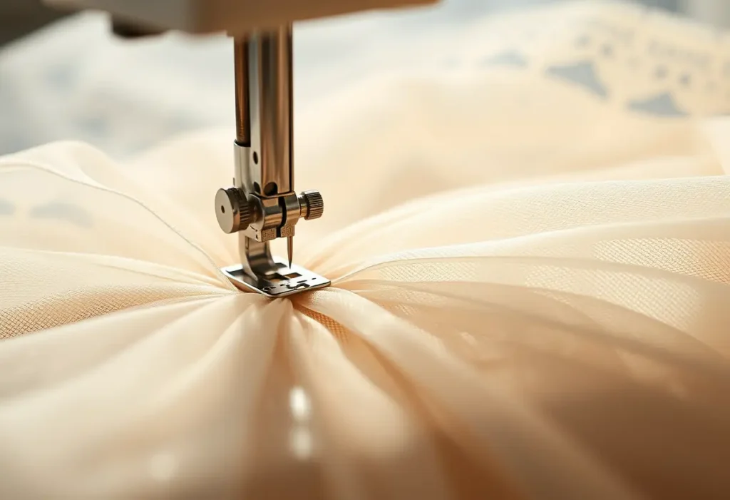 Un aiguille de machine à coudre pénètre des couches de tulle et de dentelle, la lumière soulignant la brillance du tulle