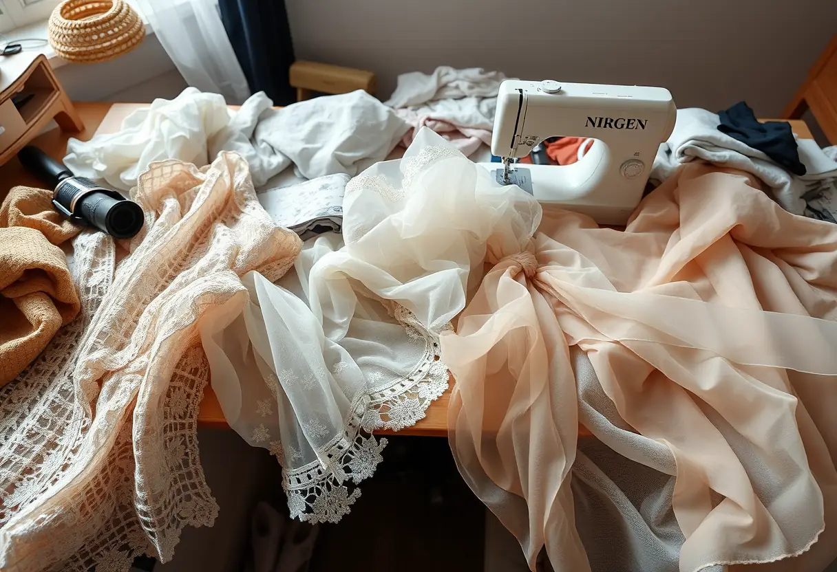 Un bureau de couturière encombré de divers tissus, dont de la dentelle et du tulle fluide, éclairé par la lumière du jour