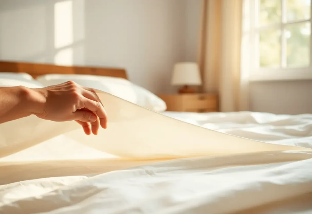 Une main caresse délicatement une couette en coton dans une chambre baignée de lumière.