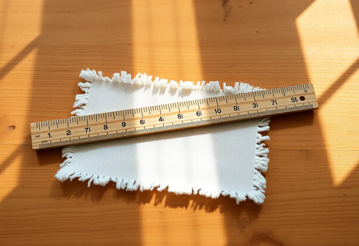 Un règle en bois sur un échantillon de coton posé sur une table en bois, soulignant la respirabilité du tissu