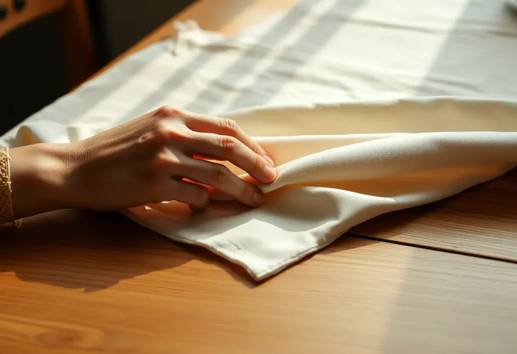 Main : une main féminine caressant un tissu en coton fin