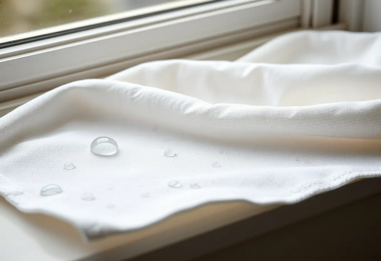 Plan serré : gouttes d'eau sur un tissu en coton absorbant l'humidité