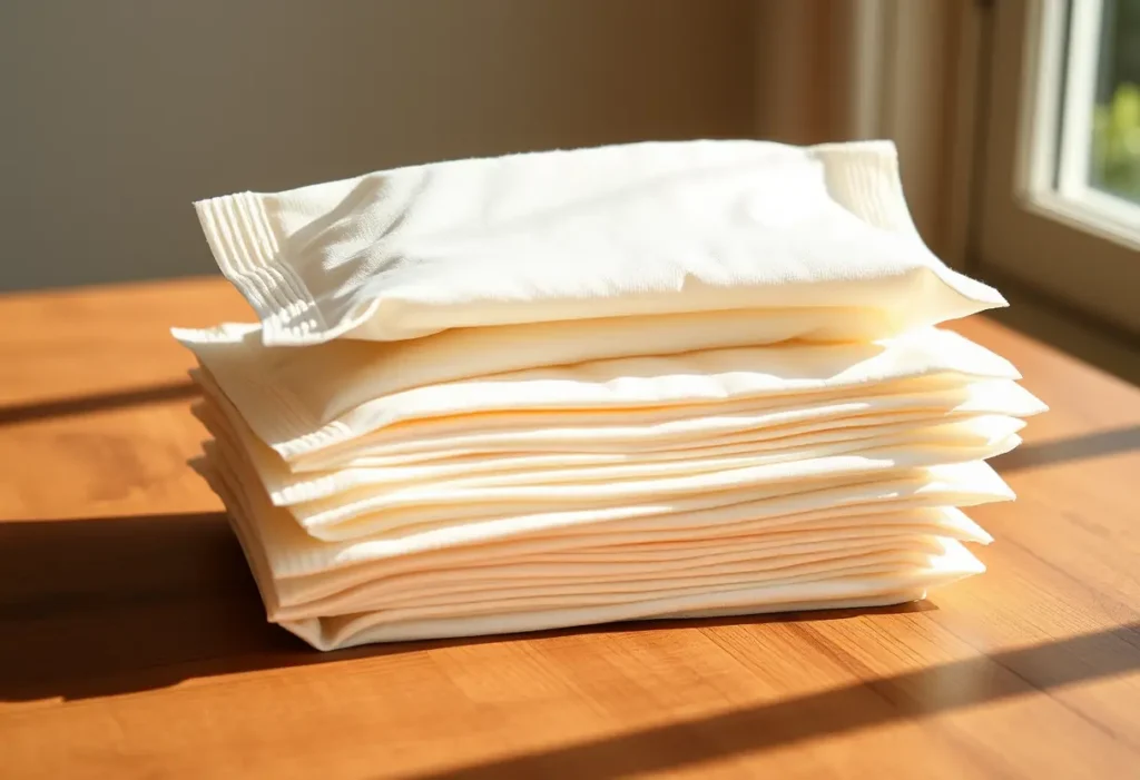 Des lingettes réutilisables en bambou sur une table, éclairées par la lumière du jour