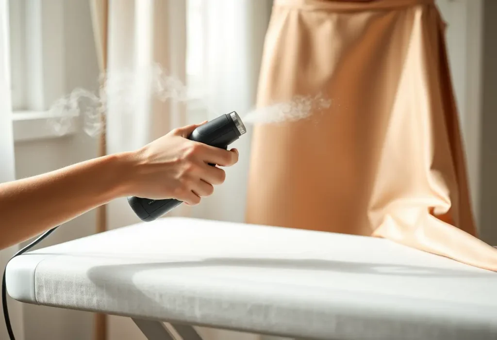 Une main féminine vaporise délicatement une robe en satin de soie sur une planche à repasser propre.