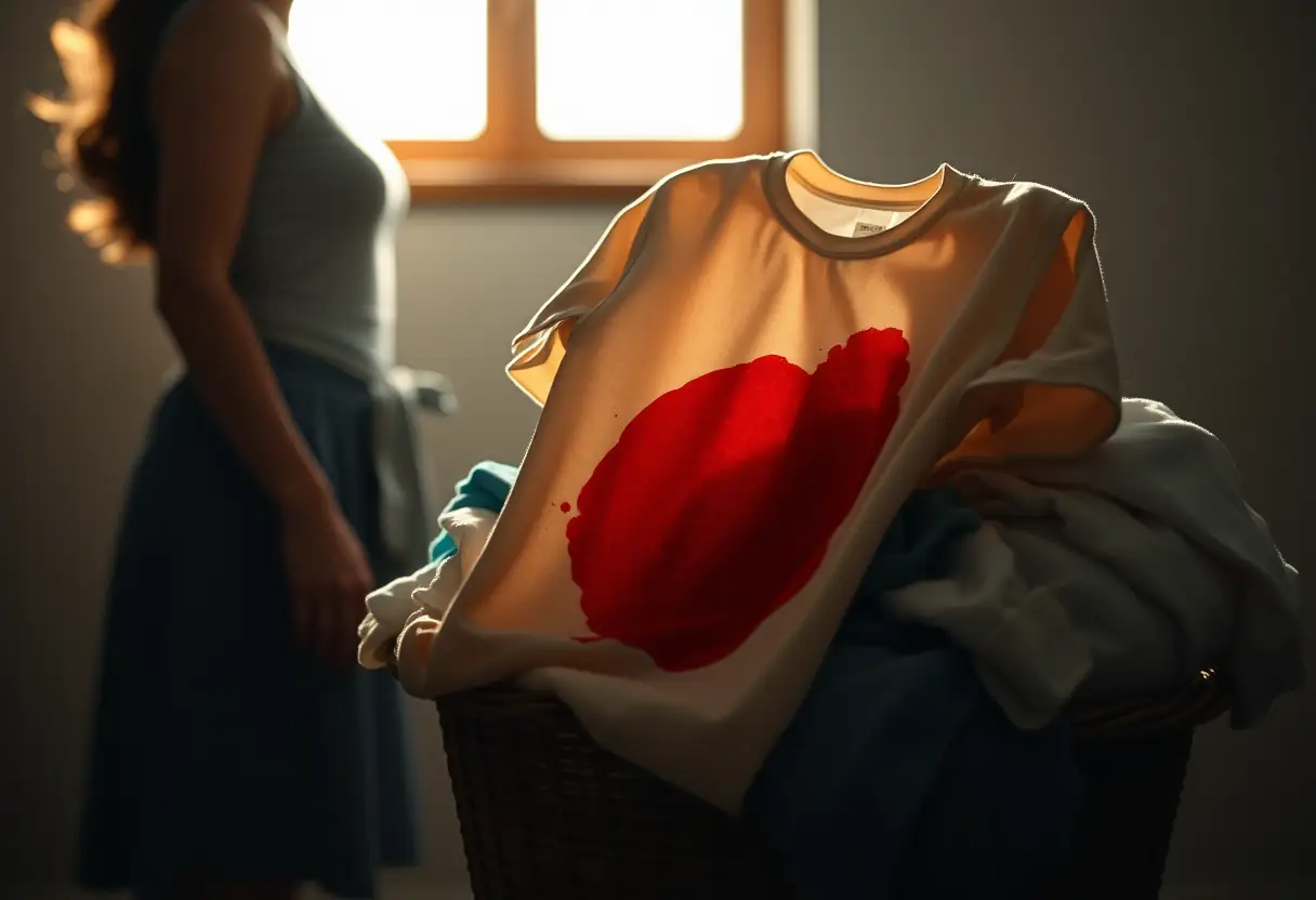 Silhouette féminine près d'un panier à linge rempli de vêtements en coton. Une chemise présente une tache de sang séchée. Lumière naturelle chaude.