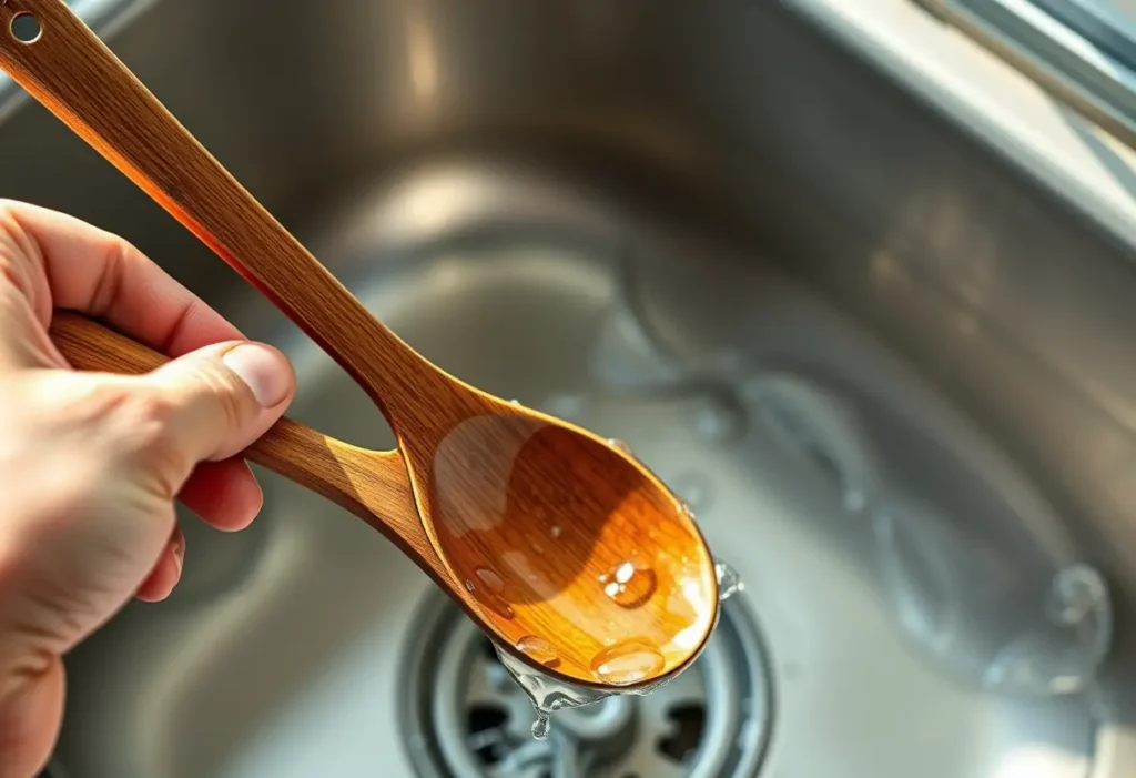 Une main tenant une cuillère en bois au-dessus d'un évier rempli d'eau, la tâche de chocolat semble avoir été grattée, évoquant la prévention des taches.
