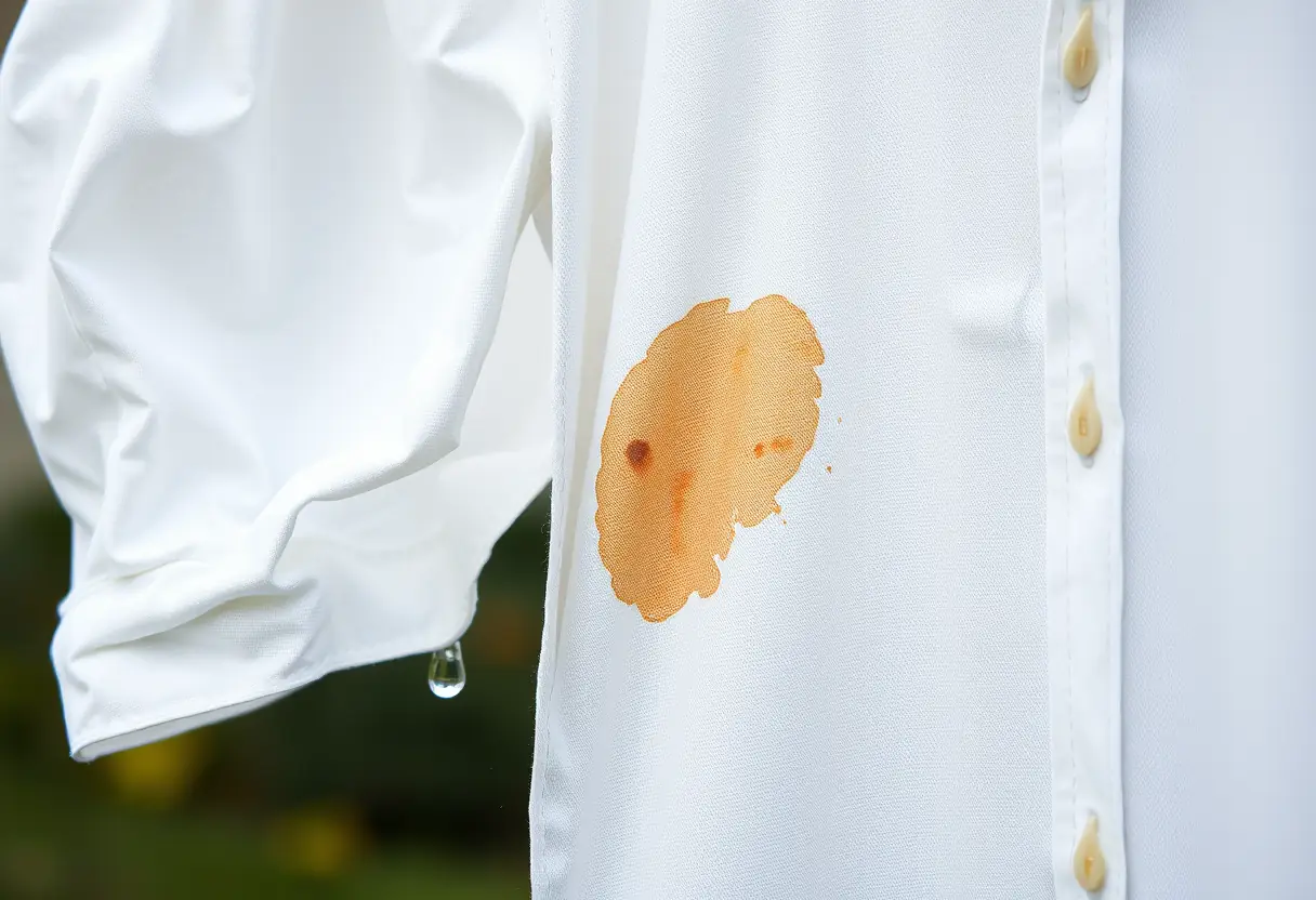 Un coton-shirt blanc pendu à une corde à linge, des gouttes d'eau coulent sur sa surface, mettant en relief la disparition de la tache de chocolat.